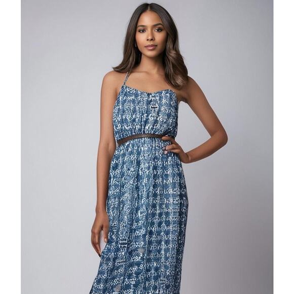 Lily Rose‎ Women's Medium Blue Polynesian Belted Maxi Dress Sleeveless - Picture 1 of 6